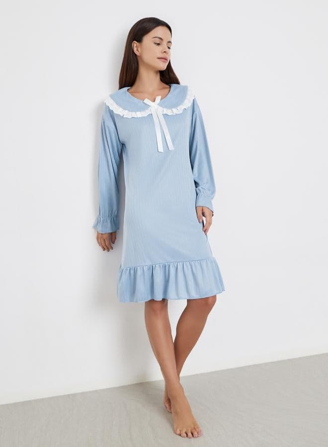 Take Two Blue Long Sleeve Nightdress with Lace Collar - Image 1