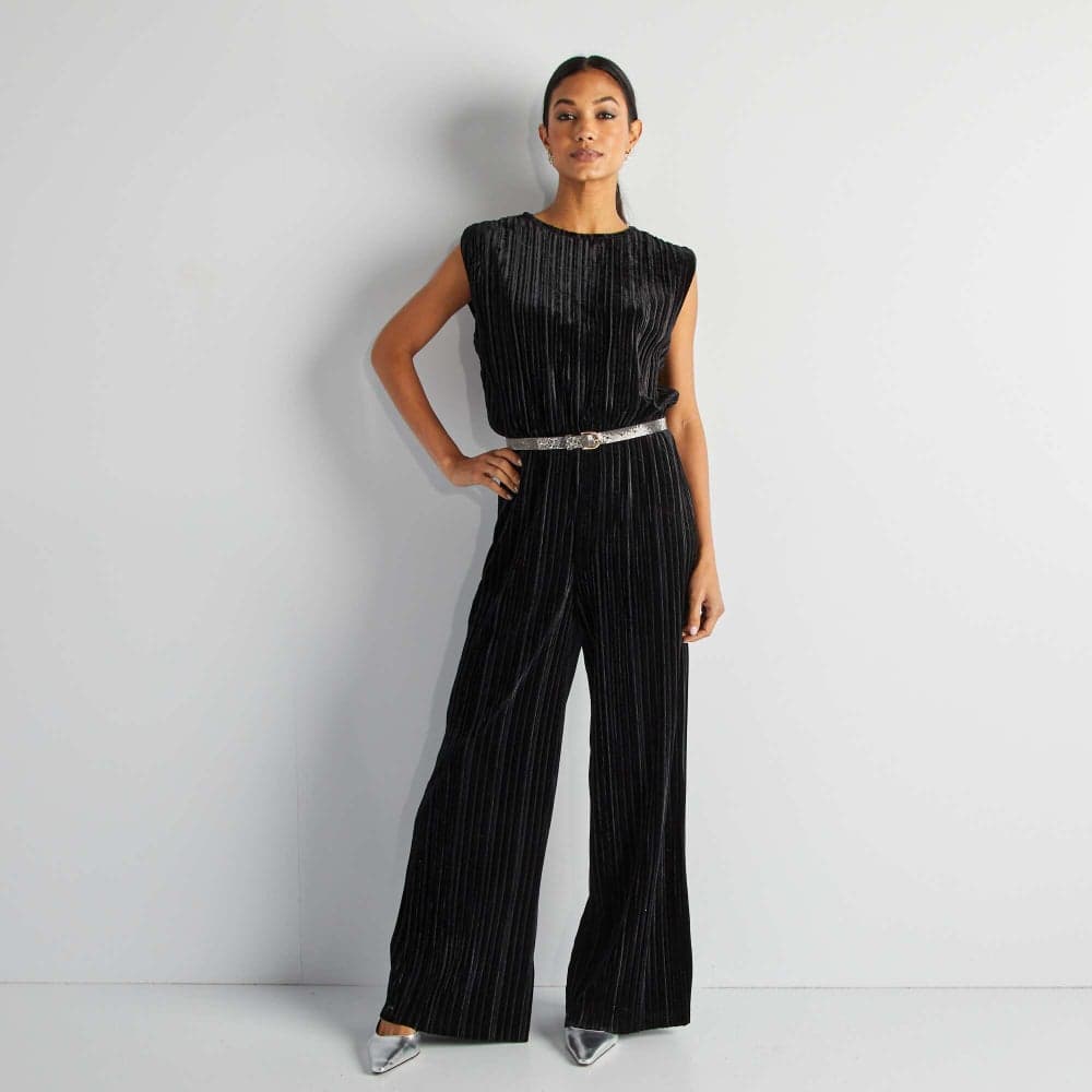 Black Sleeveless Pleated Velour Jumpsuit - Image 1