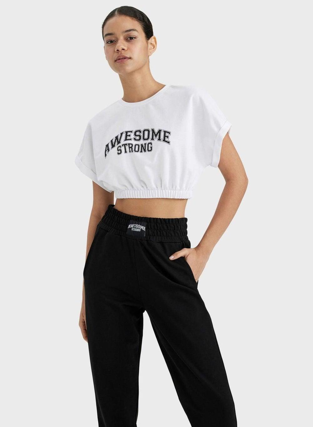 Defactofit Crop Crew Neck Printed Cotton Sports T-Shirt - Image 1
