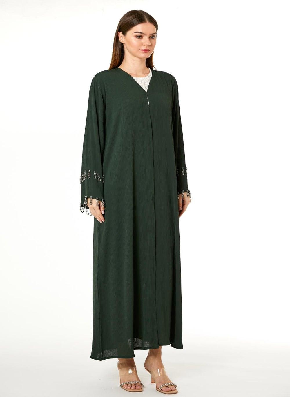 Dark Green Zoom Hand Embellished Abaya with Matching Scarf - Image 1