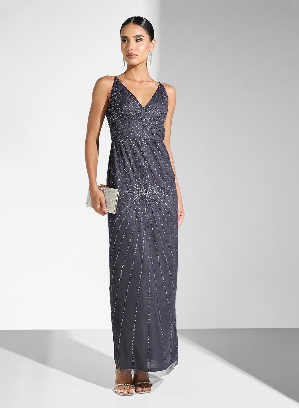 Sequin Embellished Grey Maxi Gown Dress - Image 1