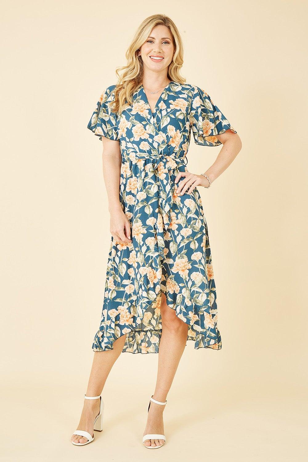 Blue Floral Print Midi Dress with Tie Waist - Image 1