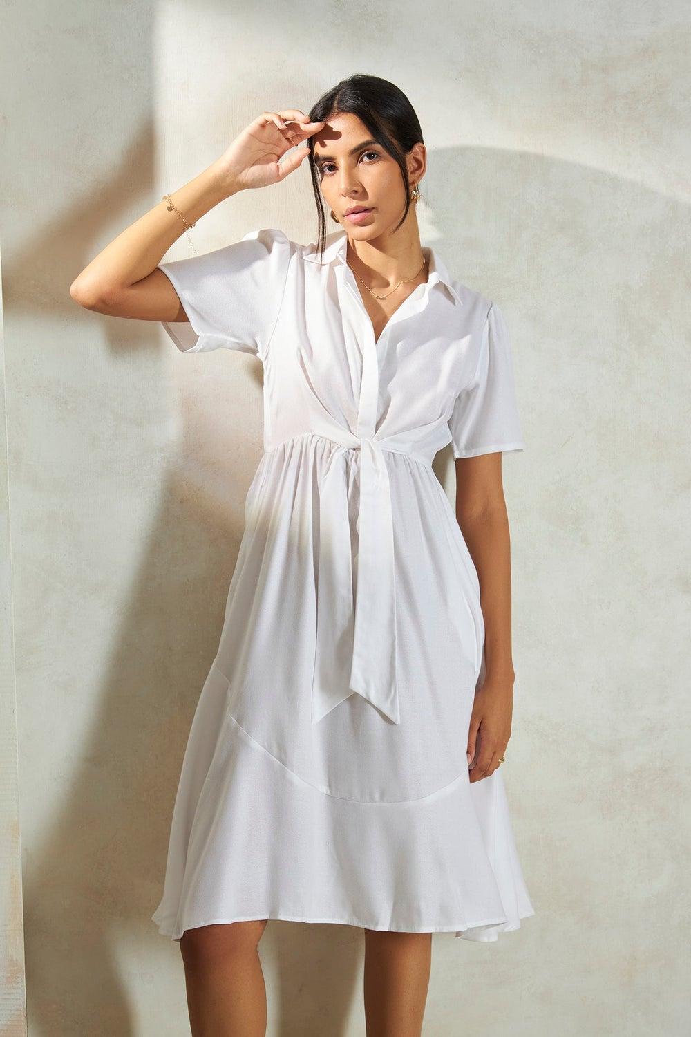 Knotted White Midi Dress with Collared Neckline - Image 1