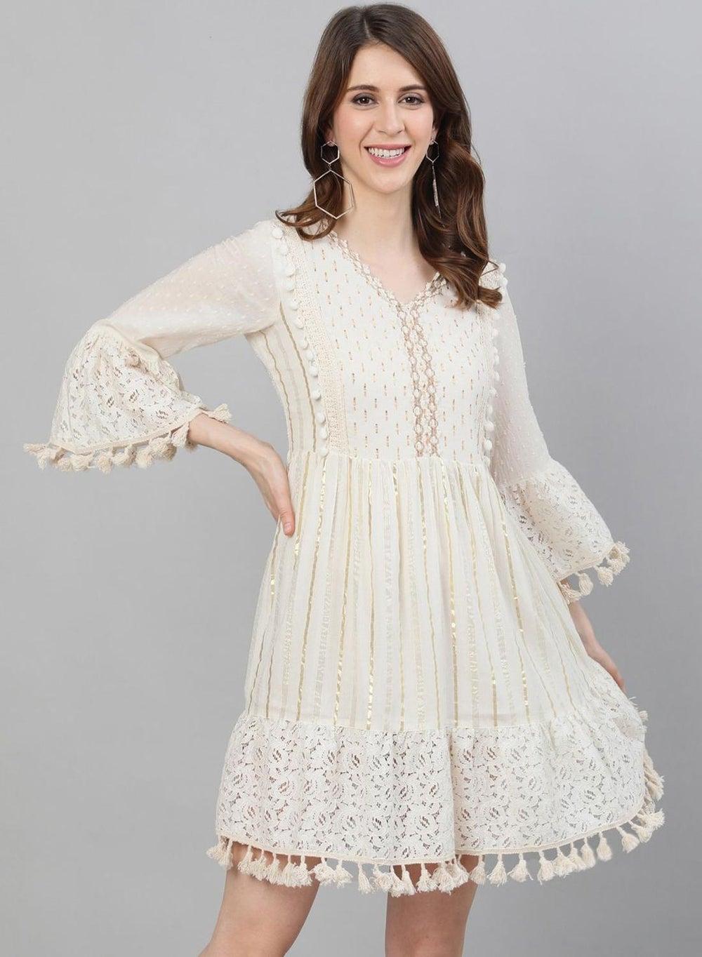 Women’s Off White Cotton Self Design A-Line Knee Dress - Image 1