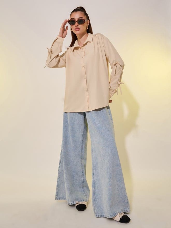 Bowknot Detail Oversized Spread Collar Shirt - Image 1