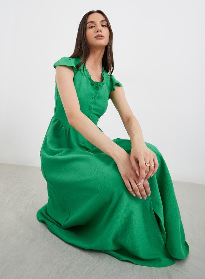 Ruffled Square Neck Buttoned Midi Dress - Image 1