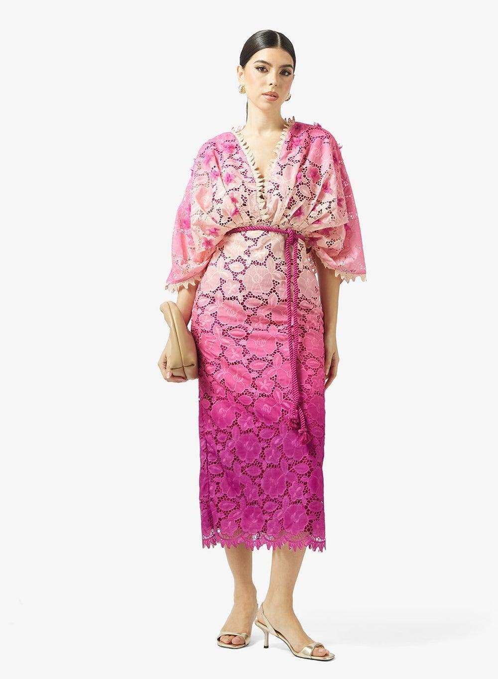 Ombre Lace Midi Dress with Tie Belt - Image 1