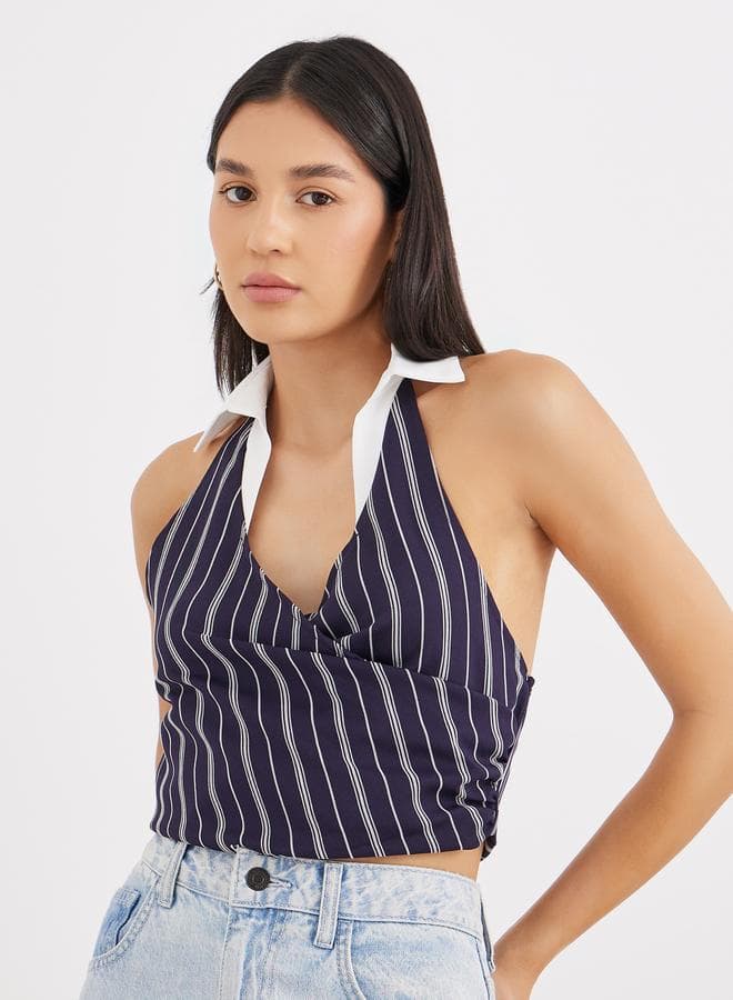 Navy Blue Striped Halter Collar Shirt - Image 1
