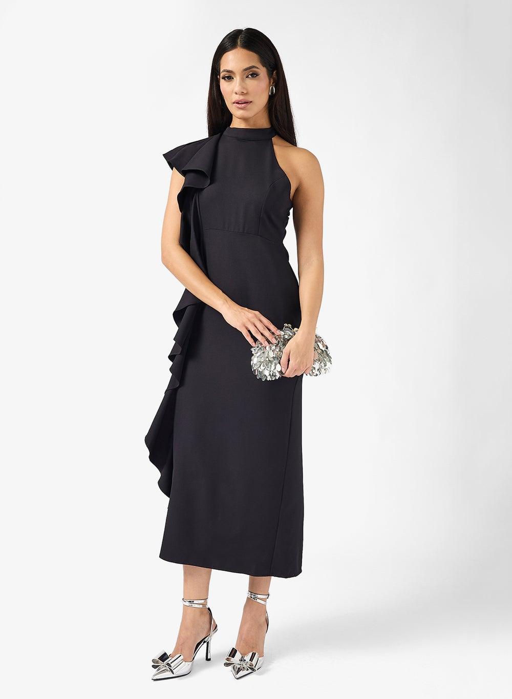 Hallter Neck Midi Shift Dress with Exaggerated Ruffles - Image 1