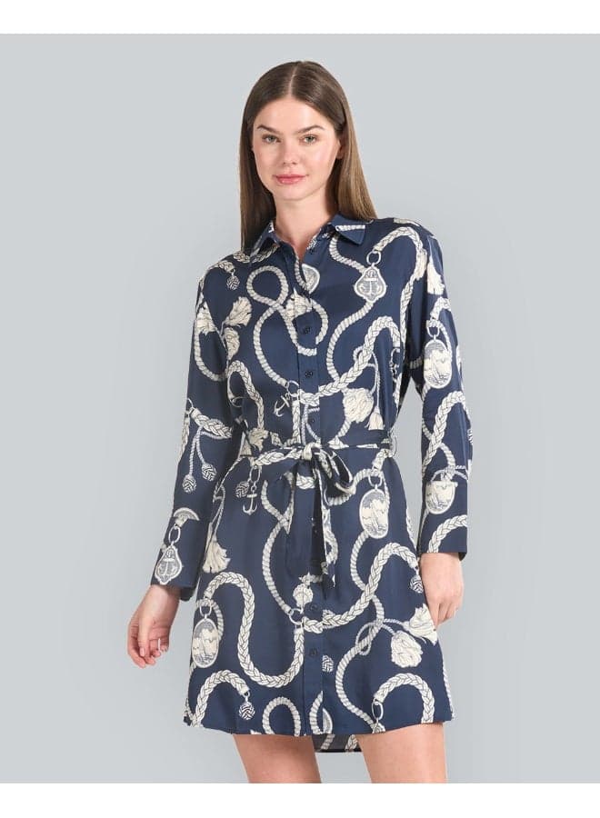 Nautical Print Navy Shirt Dress with Tie Waist - Image 1