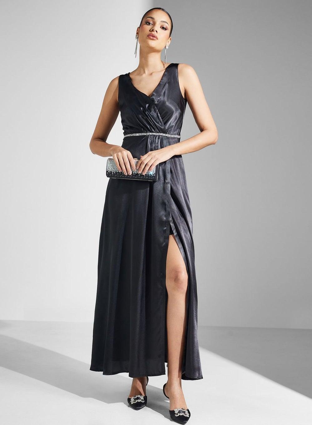 Satin Slit Maxi Dress with Embellished Waist Belt - Image 1