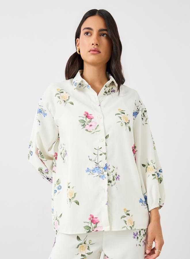 Floral Print Balloon Sleeve Buttoned Shirt - Image 1