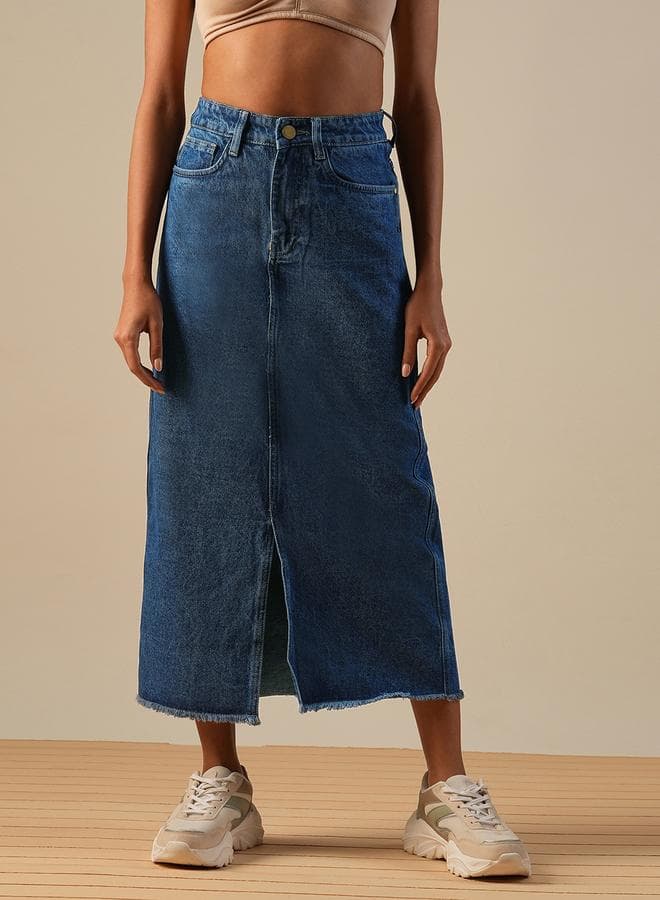 Globus Mid-Rise Fringed Hem Midi Denim Skirt - Image 1