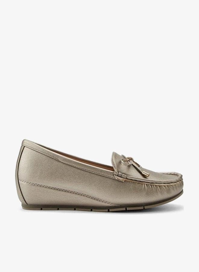 Metallic Bow Detail Slip-On Wedge Loafers - Image 1