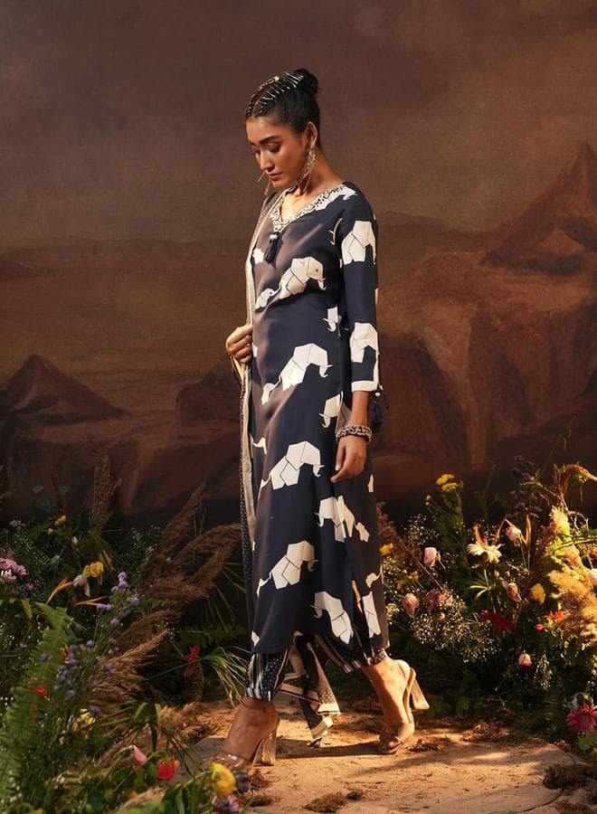 Women's Navy Rayon Printed 3 Piece Kurta Set - Image 1