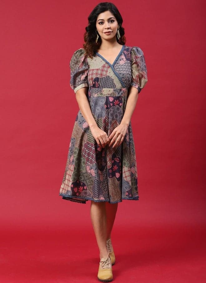Abstract Printed V-Neck Wrap Midi Dress for Women - Image 1