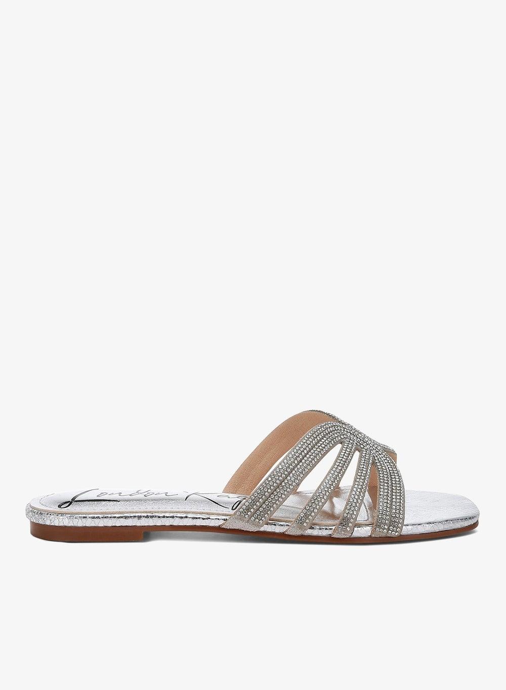 Silver Rhinestone Cut-Out Flat Sandals - Image 1