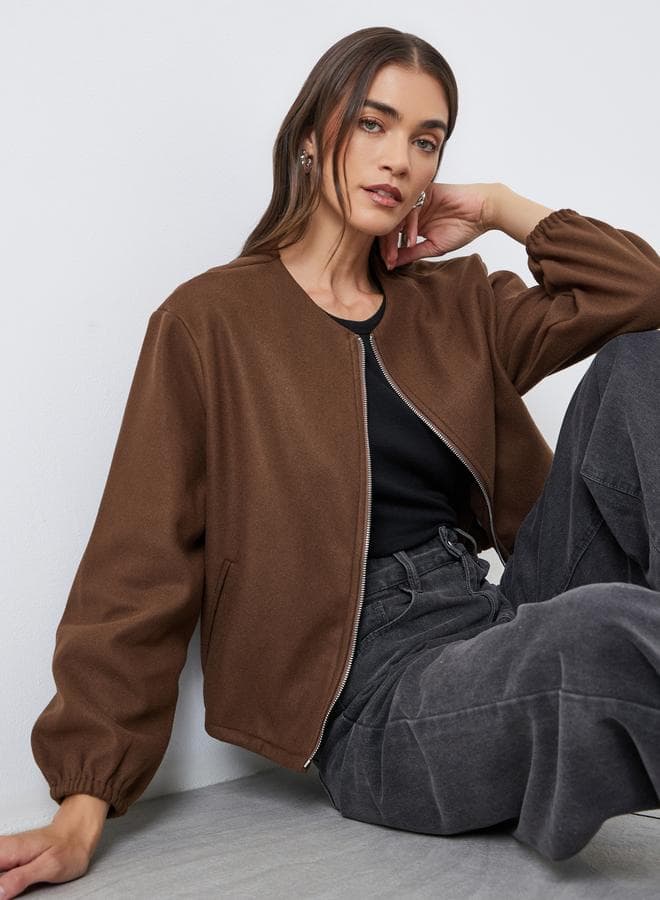 Styli Women Brown Boxy Fit Bomber Jacket - Image 1