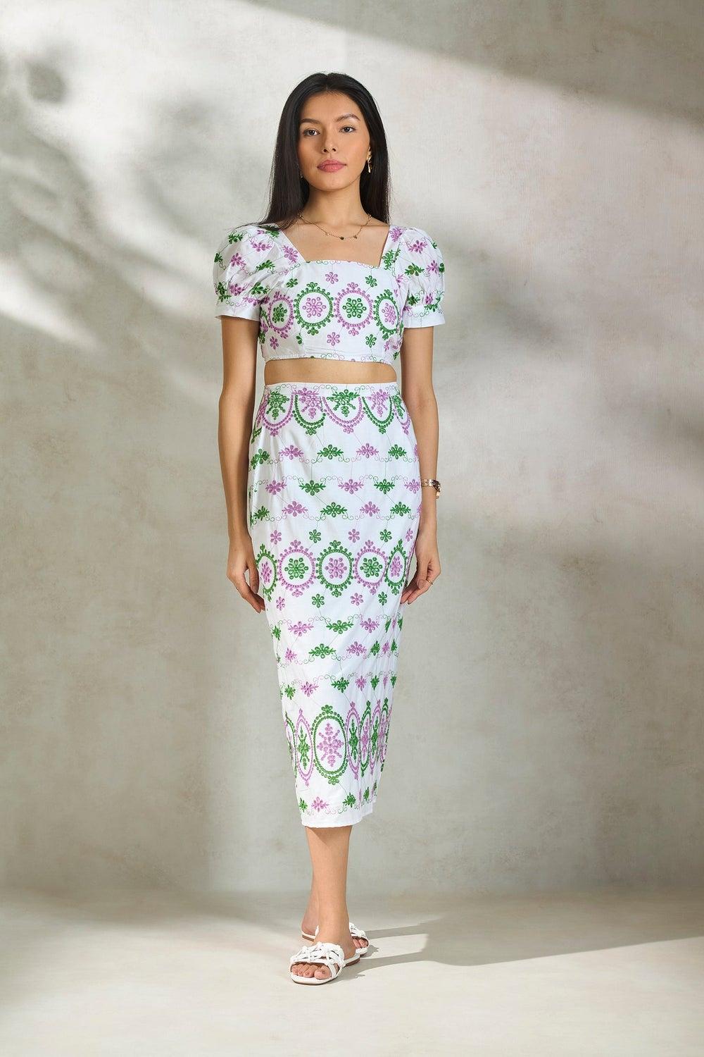 Virgio Embroidered Schiffli Pure Cotton Midi Skirt - Image 1