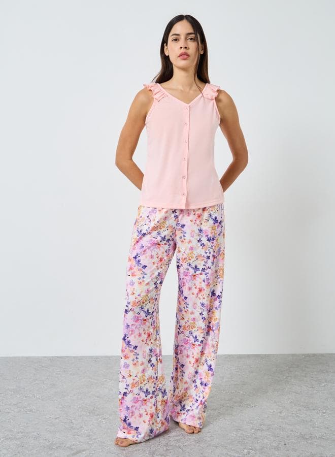 Styli Pink Floral Ruffled Strappy Buttoned Pyjama Set - Image 1