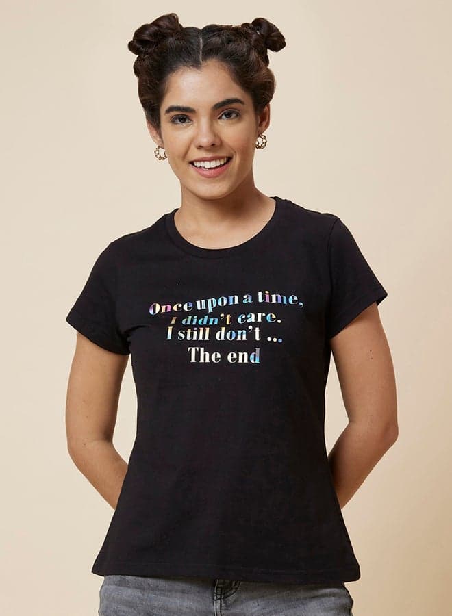 Slogan Print Round Neck Cotton T-Shirt - Image 1
