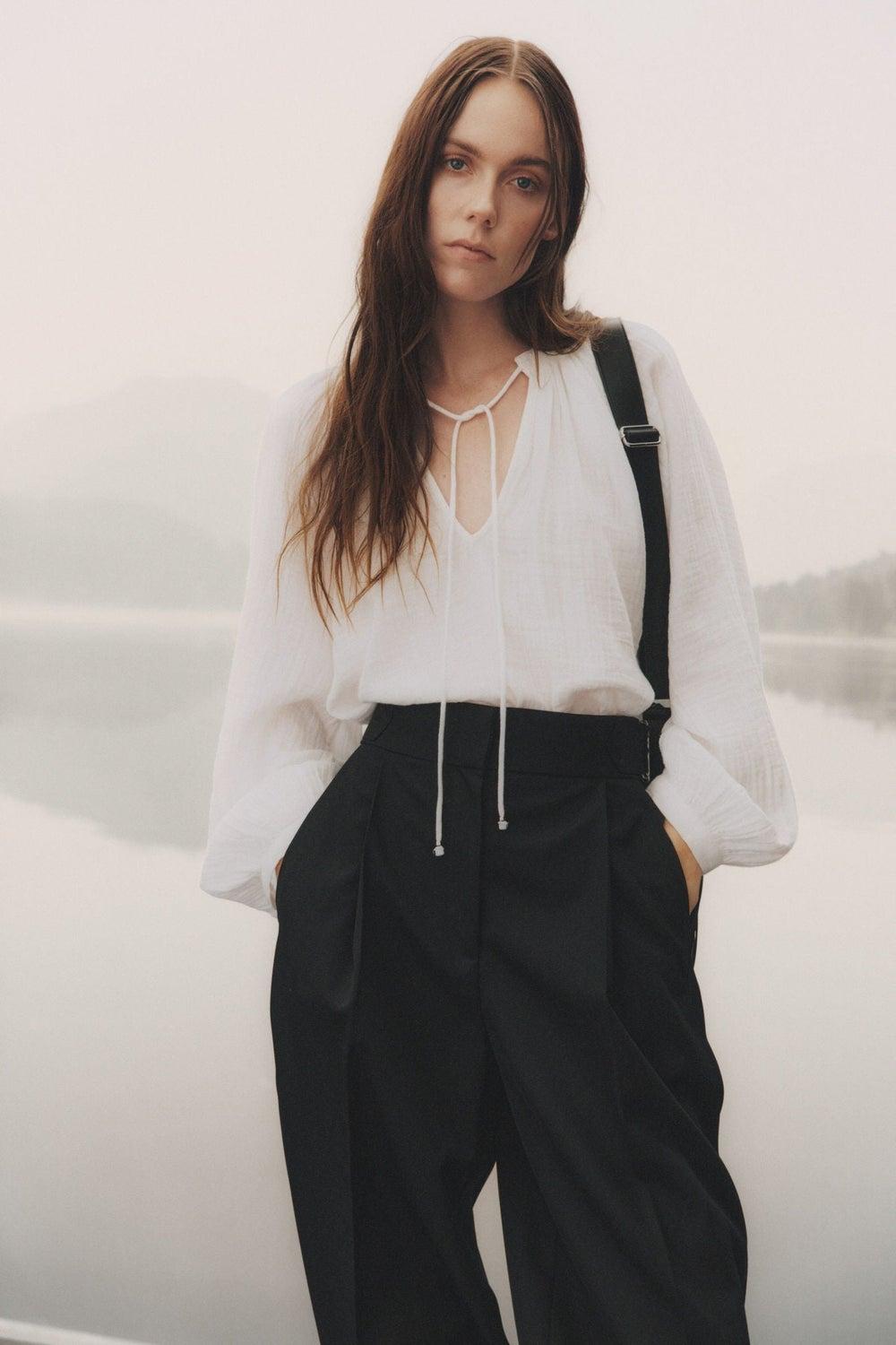 Cotton Muslin Blouse with Quilted Stand Collar - Image 1