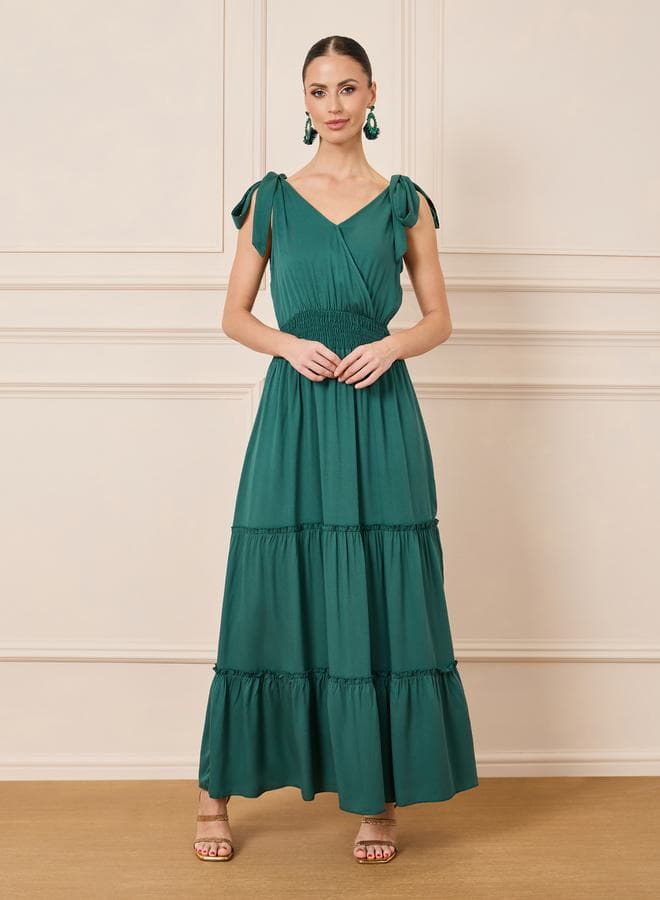 Styli Smocked Waist Tie Sleeve Emerald Maxi Dress - Image 1