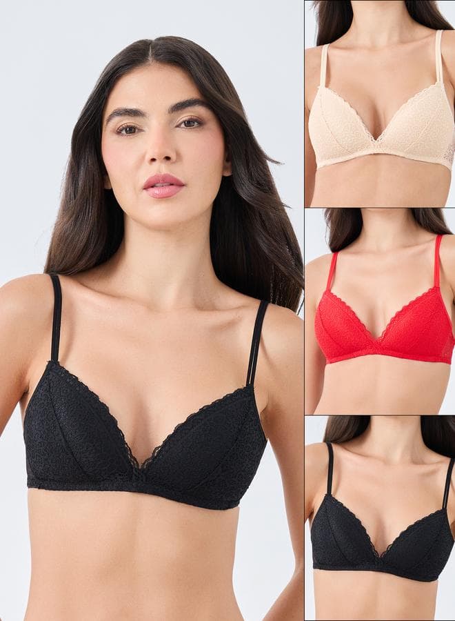 Pack of 3 Double Strap Padded Non-Wired Lace Bra - Image 1