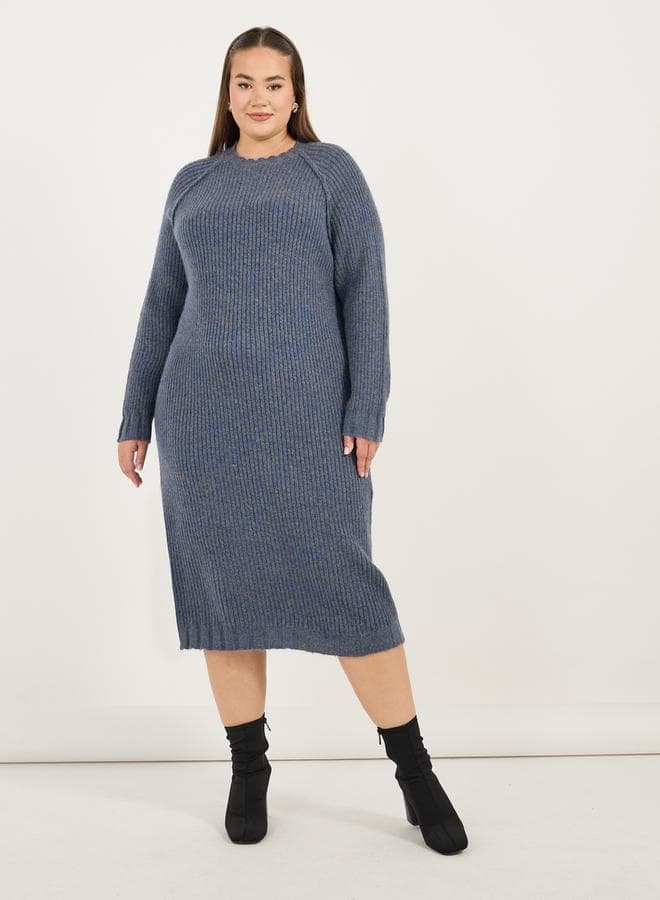 Blue Ribbed Knit Midi Dress with Scalloped Neckline - Image 1