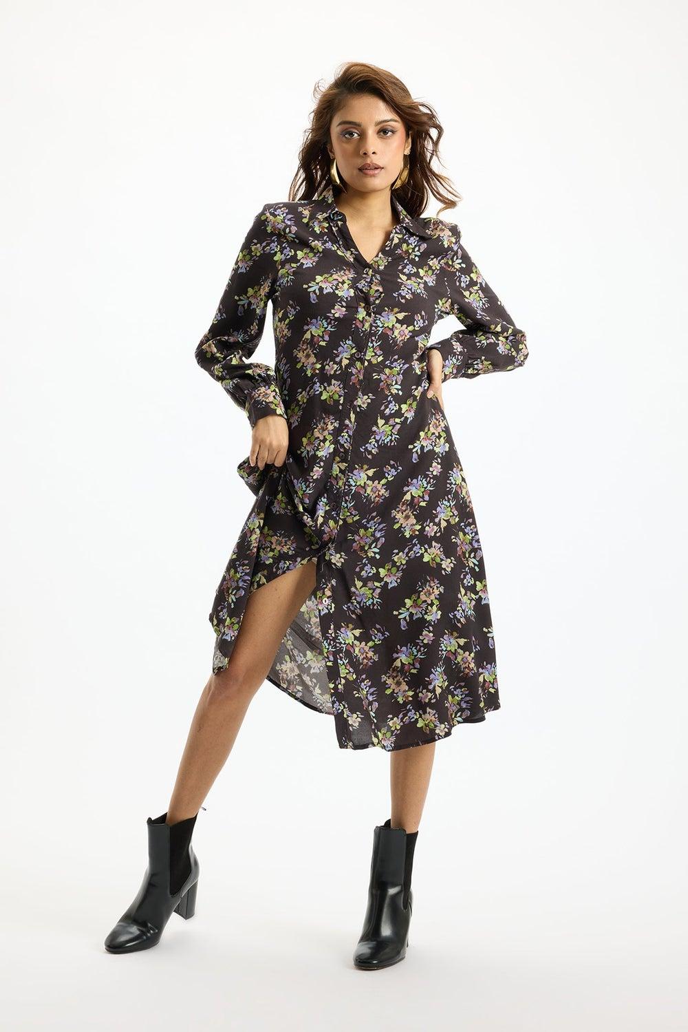 Black Floral Viscose Midi Shirt Dress for Women - Image 1