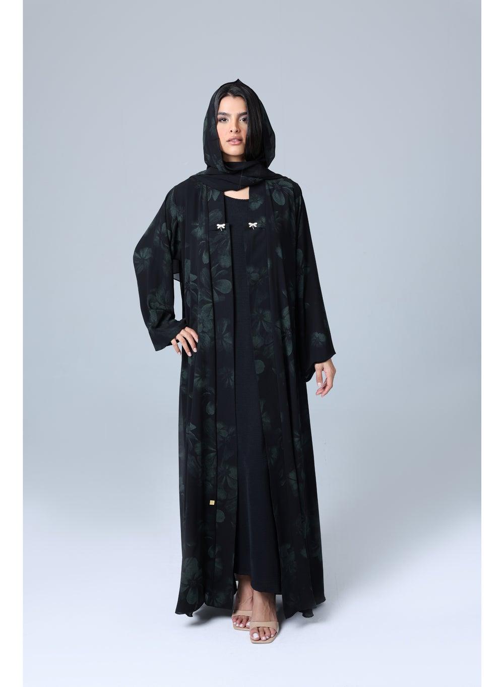 Open Front Green Floral Print Abaya - Image 1
