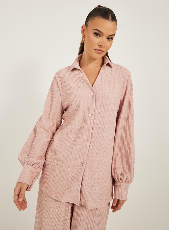 Textured Balloon Sleeve Spread Collar Tunic Shirt - Image 1