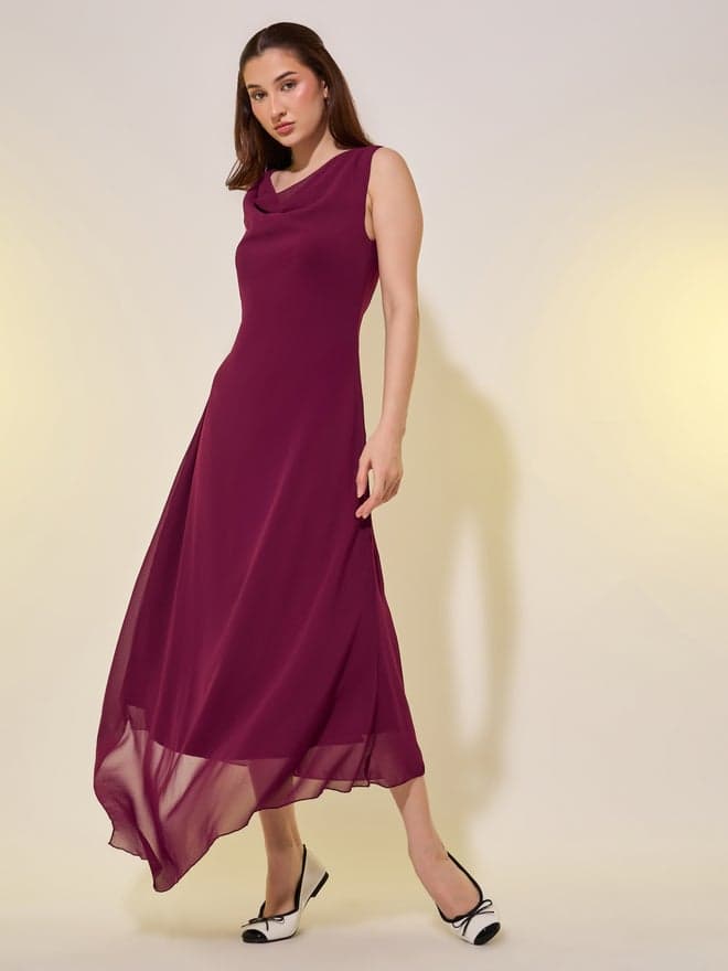 Solid Cowl Neck A-Line Midi Dress - Image 1