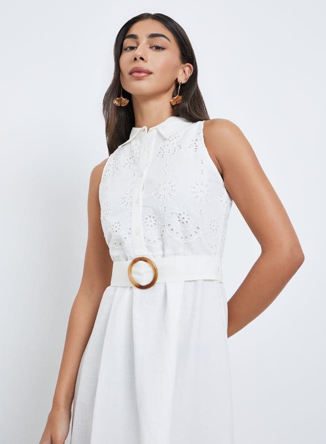 Styli Schiffli Off-White Belted Sleeveless Midi Shirt Dress - Image 1
