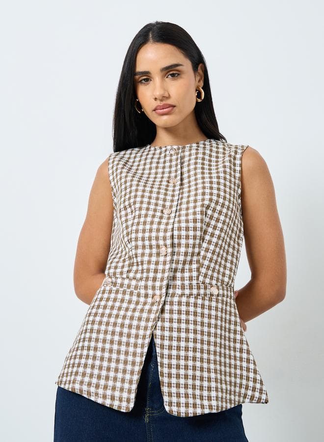Styli Brown Gingham Sleeveless Waistcoat - Image 1