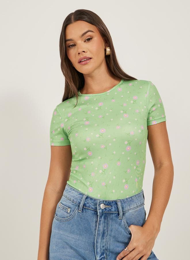 Ribbed Printed Fitted Round Neck T-Shirt - Image 1