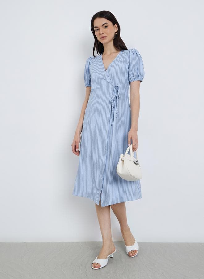 Take Two Blue Striped Puff Sleeve Knee-Length Dress - Image 1