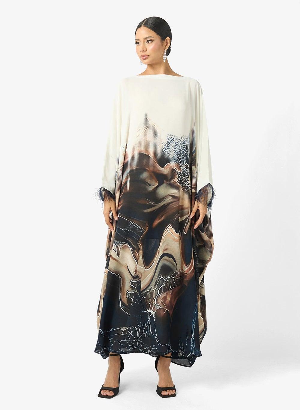 Feather Cuff Abstract Print Abaya - Image 1