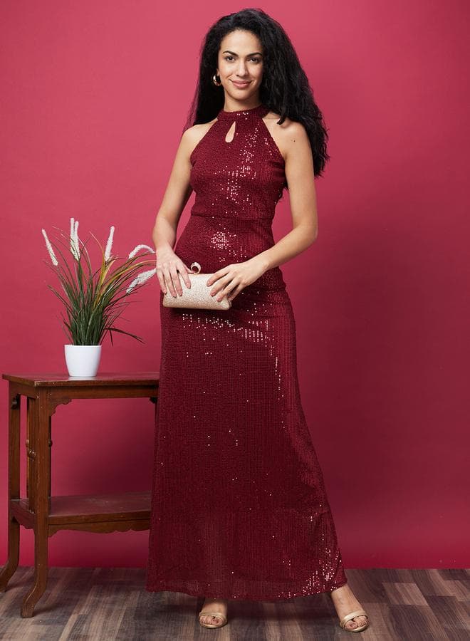 Globus Women Maroon Embellished Halter Keyhole Neck Maxi Dress - Image 1