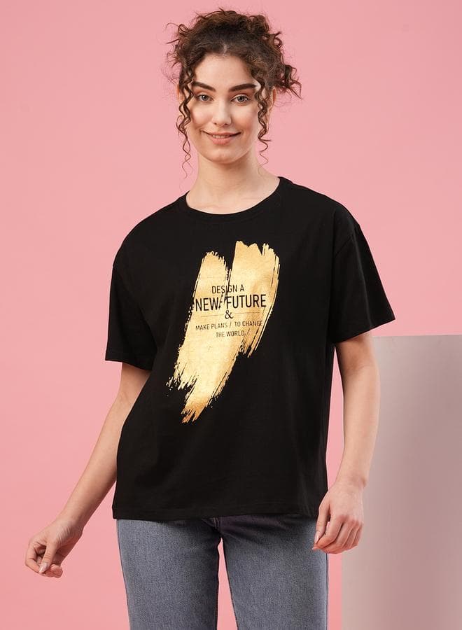 Slogan Print Cotton Round Neck T-Shirt - Image 1