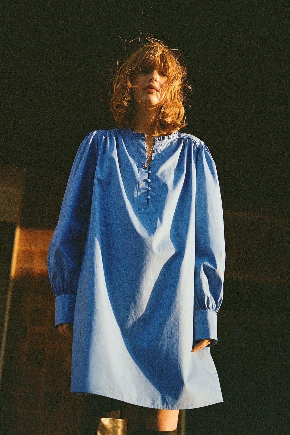 A-line Cotton Dress with Frilled Collar - Image 1