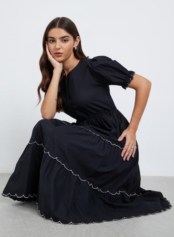 Black Embroidered Tiered Midi Dress - Image 1