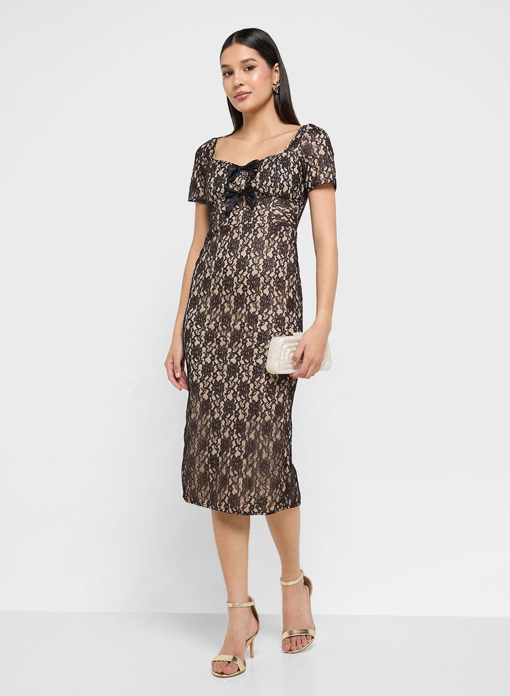 Black Lace Overlay Midi Dress with Square Neckline - Image 1