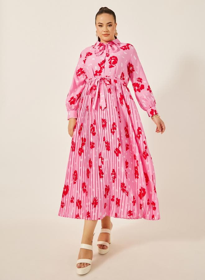 Styli Plus Size Floral Print Pleated A-Line Maxi Dress - Image 1