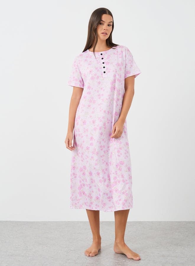 All-Over Print Short Sleeve Buttoned Night Dress - Image 1