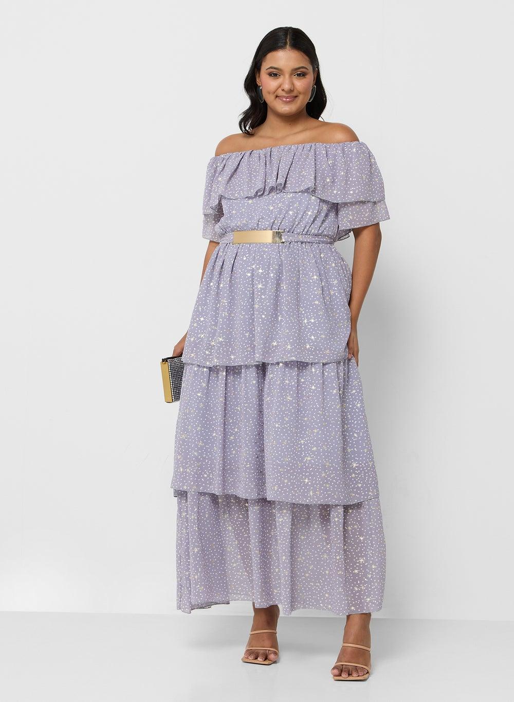 Ruffled Tiered Off-Shoulder Maxi Dress with Gold Belt - Image 1