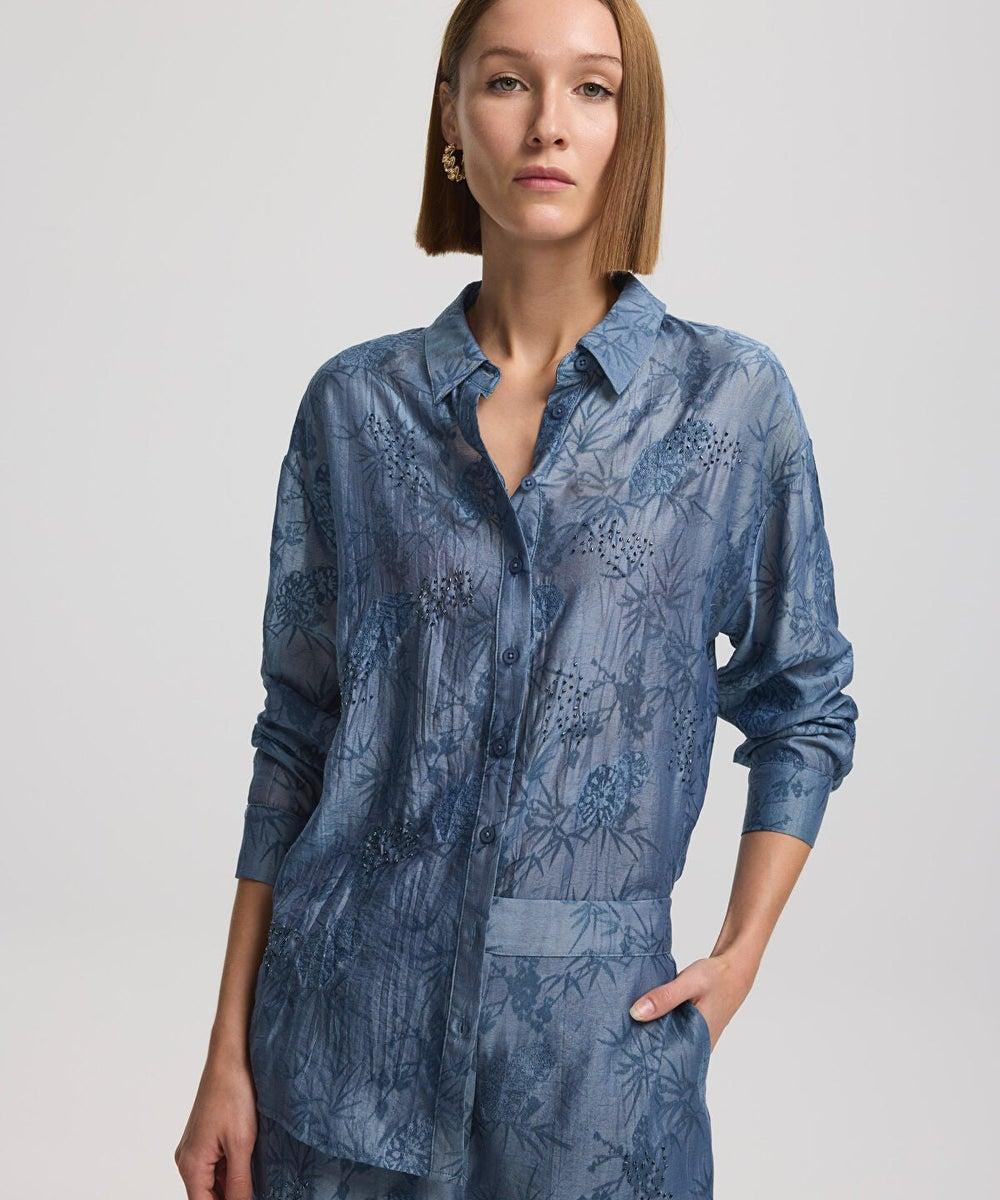 Blue Printed Shirt with Floral Embroidery - Image 1