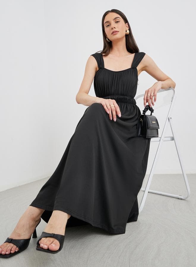 Take Two Solid Ruched Waist Strappy Midi Dress - Image 1