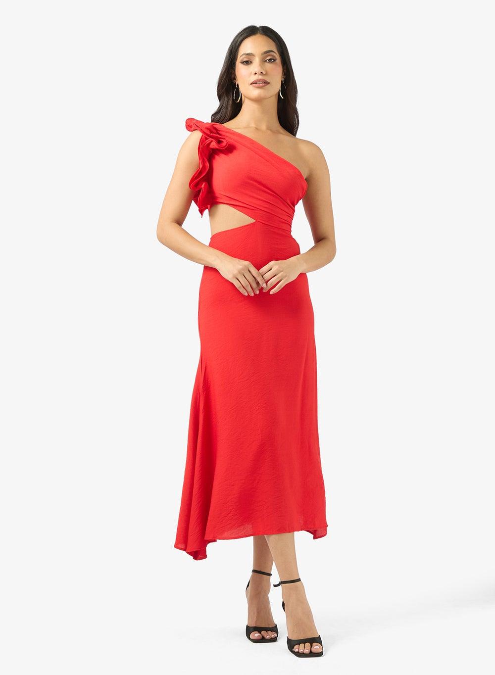 One Shoulder Midi Dress With Waist Cut Out - Image 1