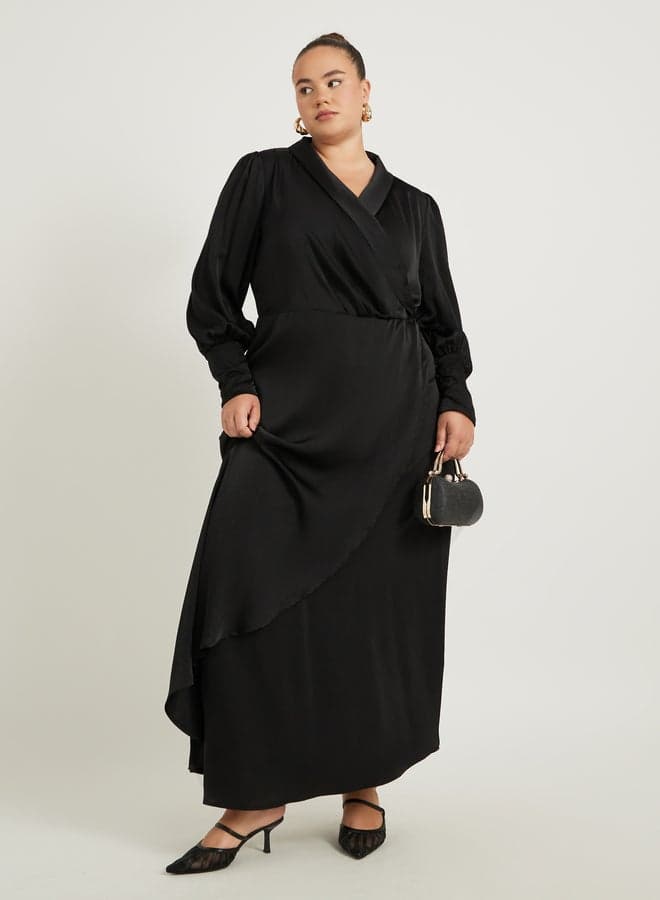 Black Satin Wrap Maxi Dress - Image 1